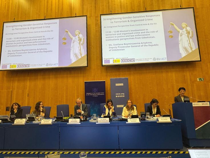 Panel of six people seated at a conference table with large screens displaying presentation slides above them.