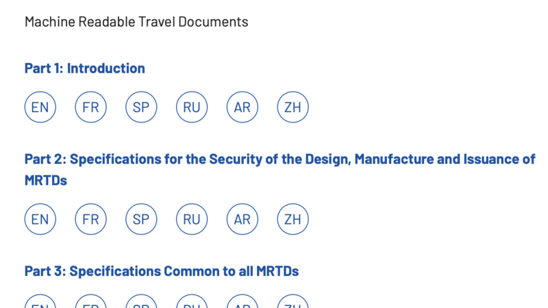Doc 9303 contents, listing introduction and specifications for security and design of machine-readable travel documents.